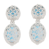 Oval blue London Topaz sterling silver earrings featuring intricate filigree design and sparkling gemstone accents.